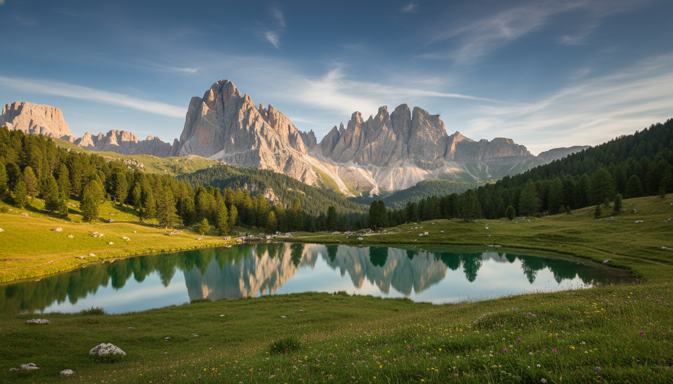 Dolomity pri Cortine — štíty a jazero