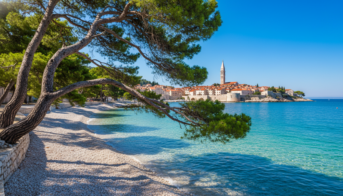 Istria — pláž s borovicami a pobrežné mestečko